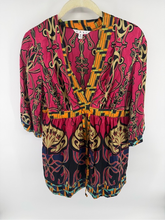 CAbi Tops - CAbi Fuchsia & Multicolor 100% Silk V-Neck Patterned Tunic